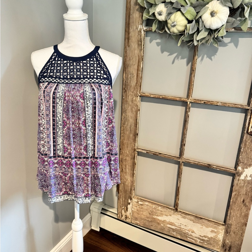 Daniel Rainn Navy and Purple Patterned Blouse